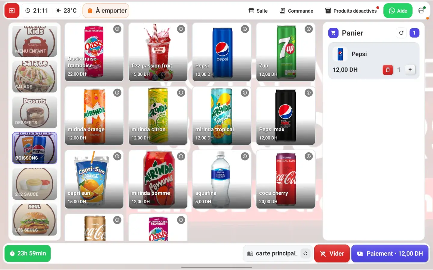 Interface de caisse Capitaine POS avec catalogue, panier et paiement
